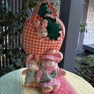 Plush Easter Bunny Trio with Gingham Dresses - Pink, Green in a Carrot 🥕 Bag